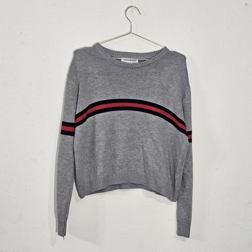 Y2K Cotton Emporium Women’s Knit Sweater Sz M Gray Striped Pullover 100% Acrylic